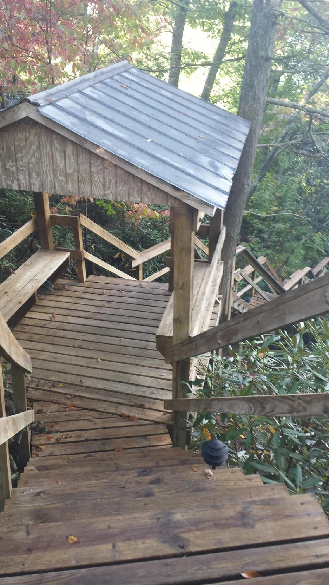 Metal roofed shelter over wooden steps on a wooded walkway — Skylight Repair & Installation work by our crew in Yukon